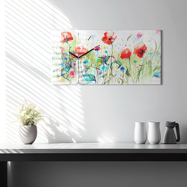 Glass wall clock rectangular Poppies in the Meadow