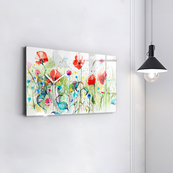 Glass wall clock rectangular Poppies in the Meadow