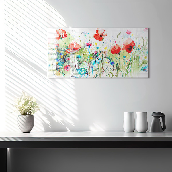 Glass wall clock rectangular Poppies in the Meadow