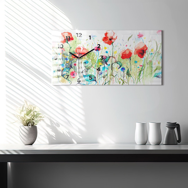 Glass wall clock rectangular Poppies in the Meadow
