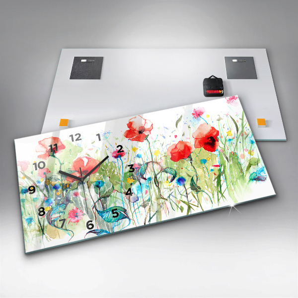 Glass wall clock rectangular Poppies in the Meadow