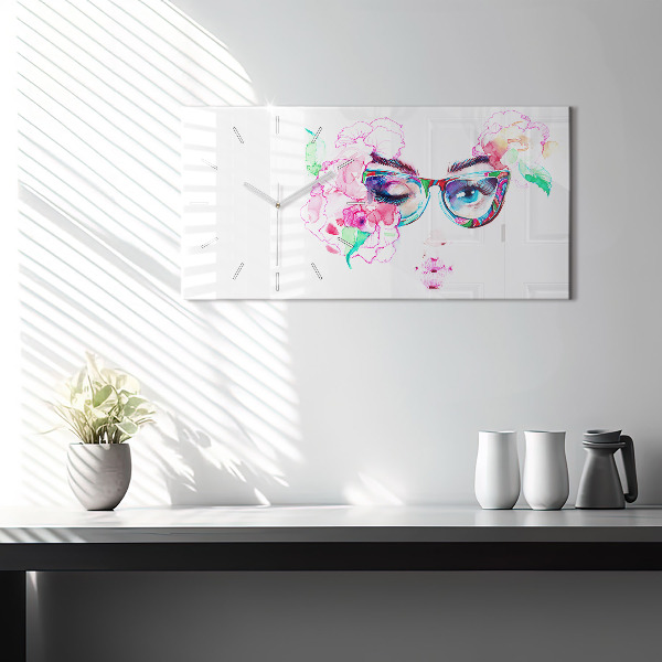 Glass wall clock rectangular Face of a woman with glasses