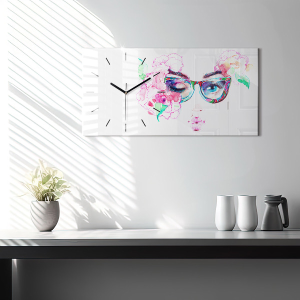 Glass wall clock rectangular Face of a woman with glasses