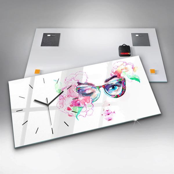 Glass wall clock rectangular Face of a woman with glasses