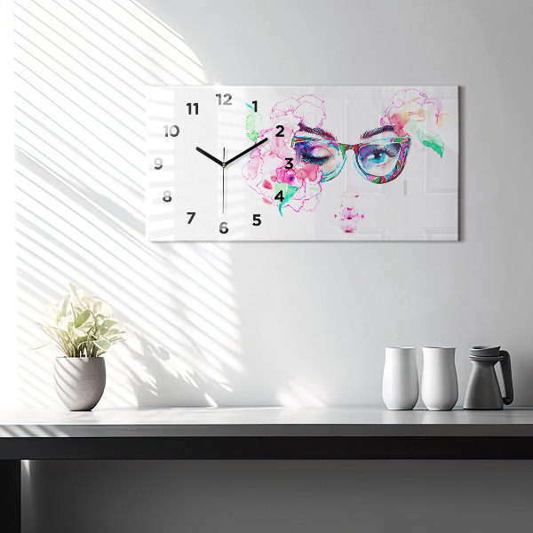 Glass wall clock rectangular Face of a woman with glasses