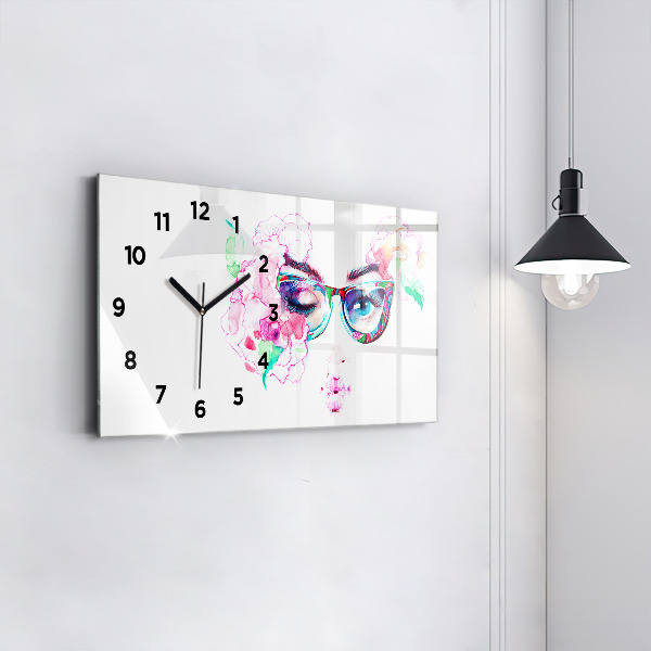 Glass wall clock rectangular Face of a woman with glasses