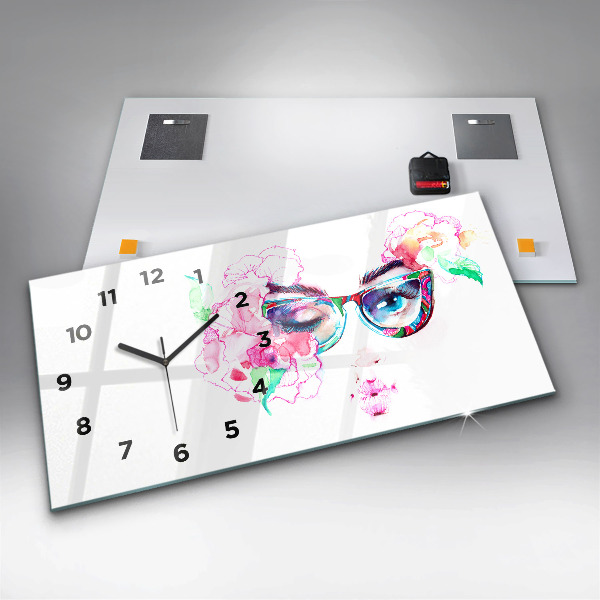 Glass wall clock rectangular Face of a woman with glasses