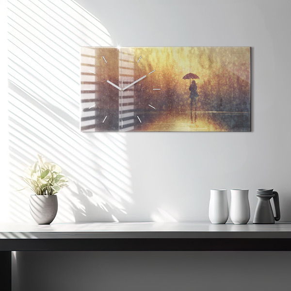 Glass wall clock rectangular woman with umbrella