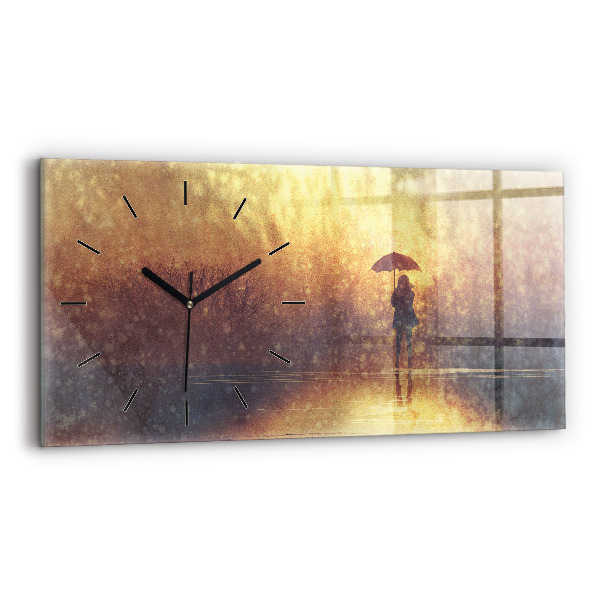 Glass wall clock rectangular woman with umbrella