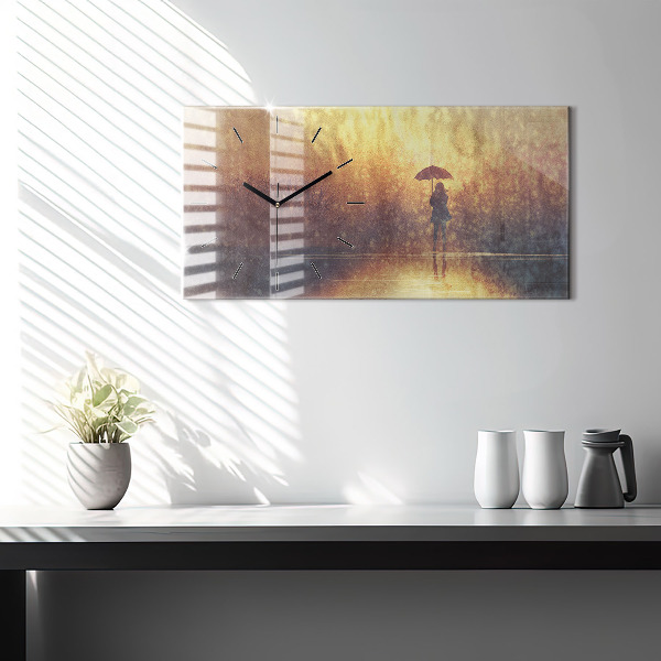 Glass wall clock rectangular woman with umbrella