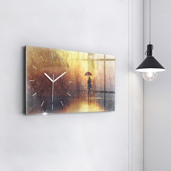 Glass wall clock rectangular woman with umbrella