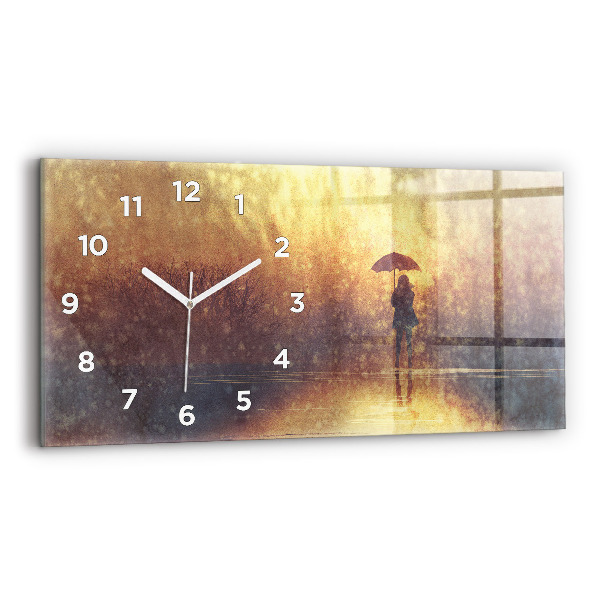 Glass wall clock rectangular woman with umbrella