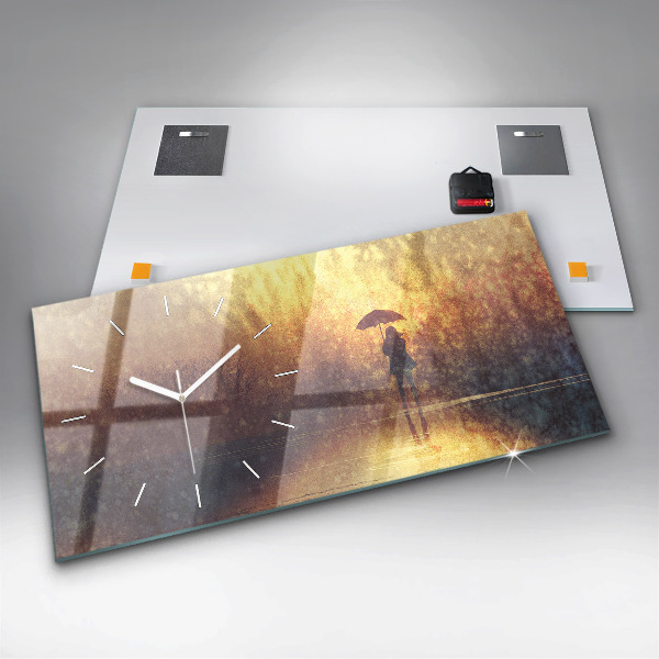 Glass wall clock rectangular woman with umbrella