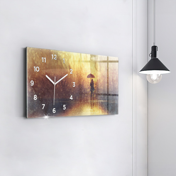 Glass wall clock rectangular woman with umbrella