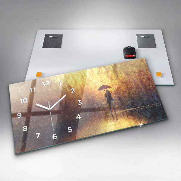 Glass wall clock rectangular woman with umbrella