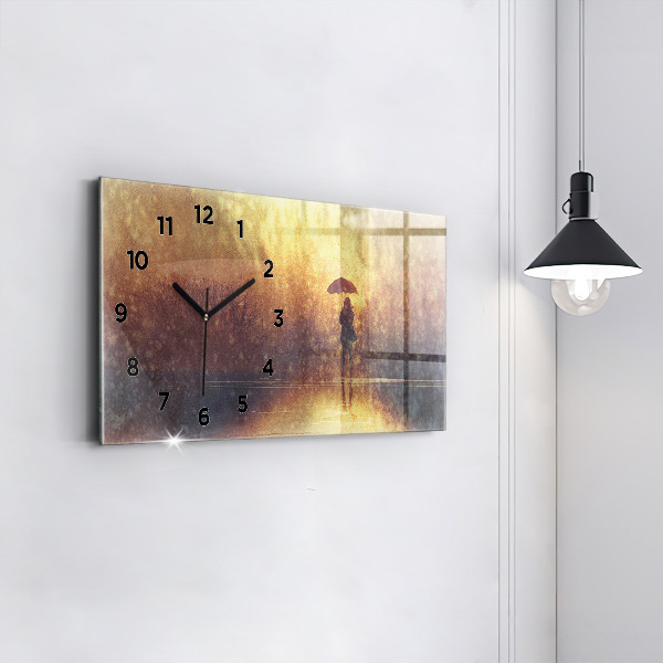 Glass wall clock rectangular woman with umbrella