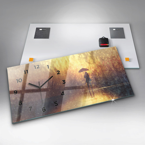 Glass wall clock rectangular woman with umbrella