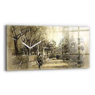 Glass wall clock rectangular Park and trees in sepia