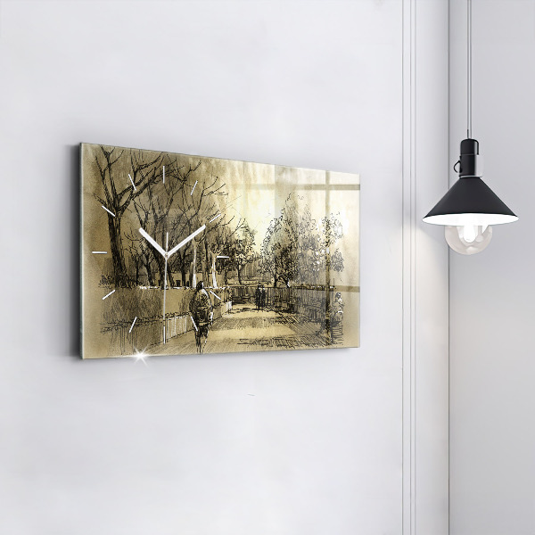 Glass wall clock rectangular Park and trees in sepia