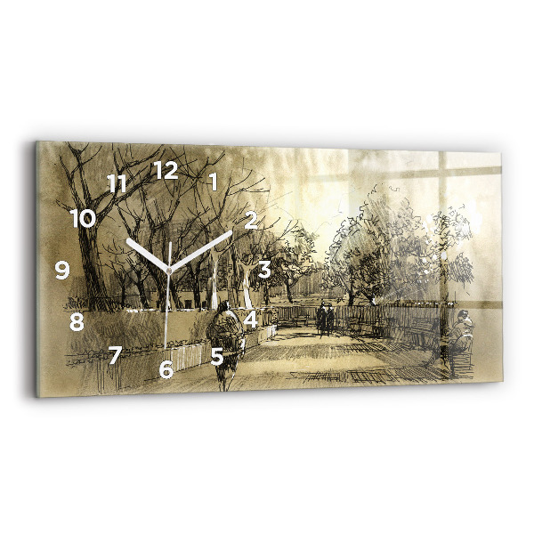Glass wall clock rectangular Park and trees in sepia