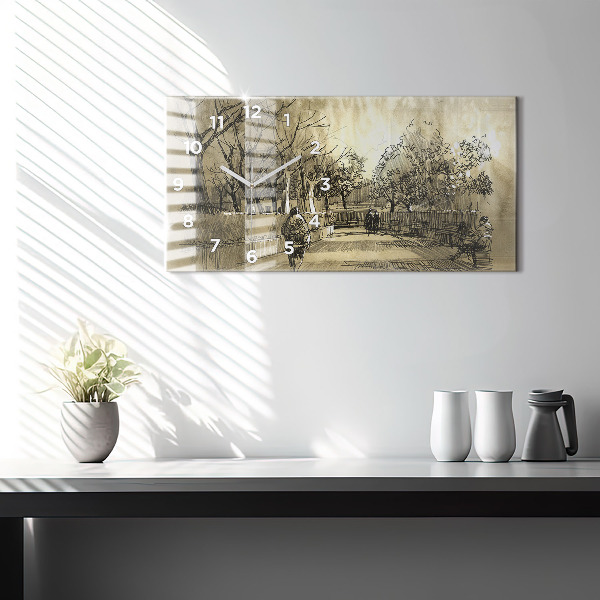 Glass wall clock rectangular Park and trees in sepia