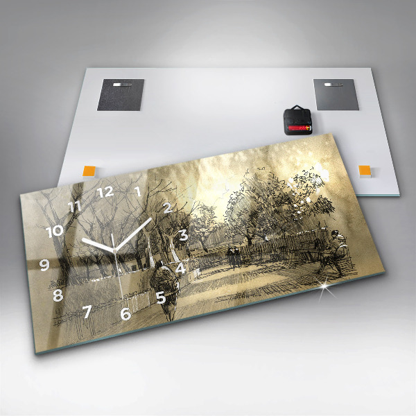 Glass wall clock rectangular Park and trees in sepia