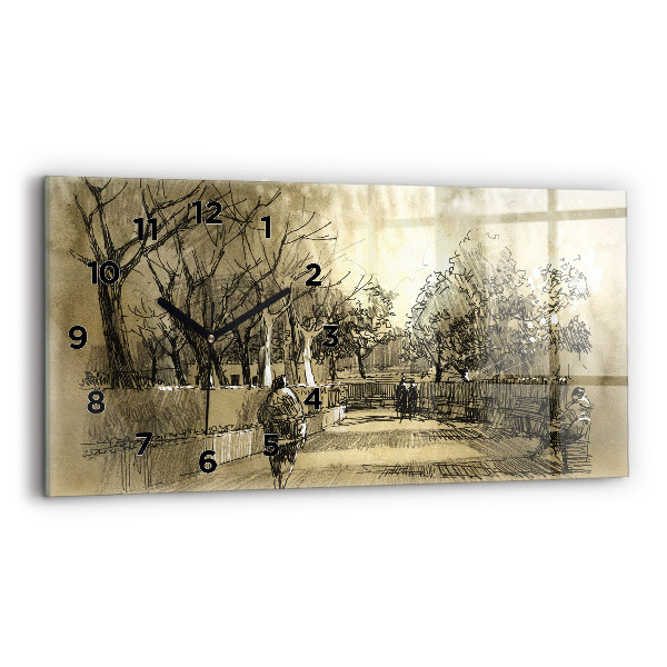 Glass wall clock rectangular Park and trees in sepia
