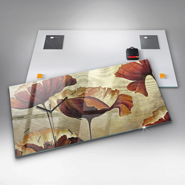Glass wall clock rectangular Painted poppies