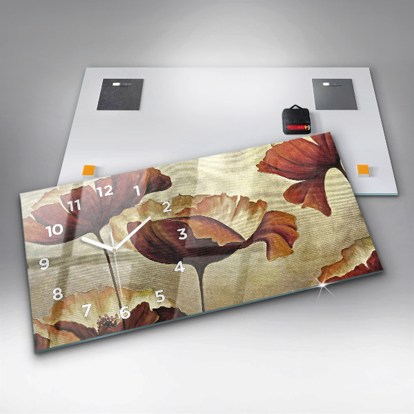 Glass wall clock rectangular Painted poppies