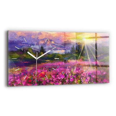 Glass wall clock rectangular Landscape of nature and flowers