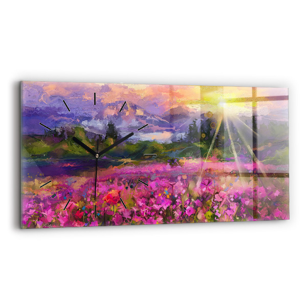 Glass wall clock rectangular Landscape of nature and flowers