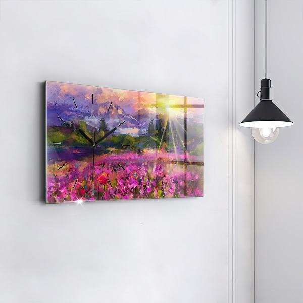 Glass wall clock rectangular Landscape of nature and flowers
