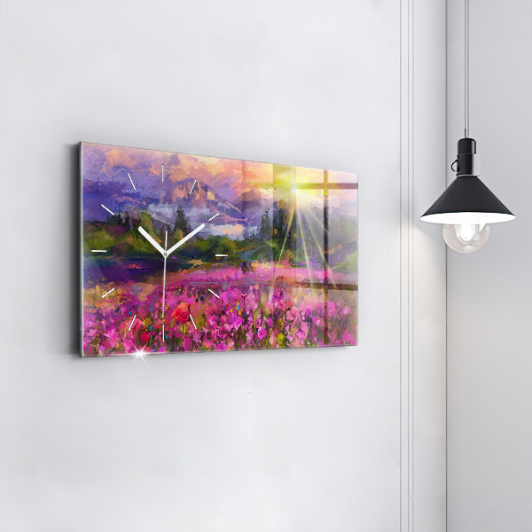 Glass wall clock rectangular Landscape of nature and flowers