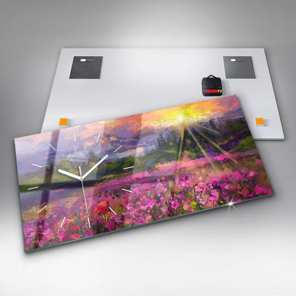 Glass wall clock rectangular Landscape of nature and flowers