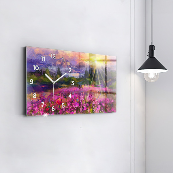 Glass wall clock rectangular Landscape of nature and flowers