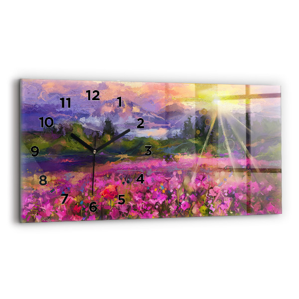 Glass wall clock rectangular Landscape of nature and flowers