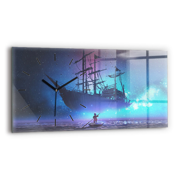 Glass wall clock rectangular Fantasy Sailing Ship