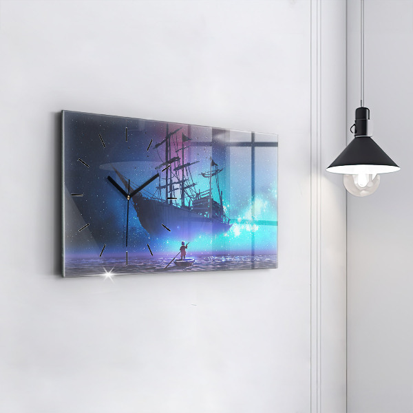 Glass wall clock rectangular Fantasy Sailing Ship