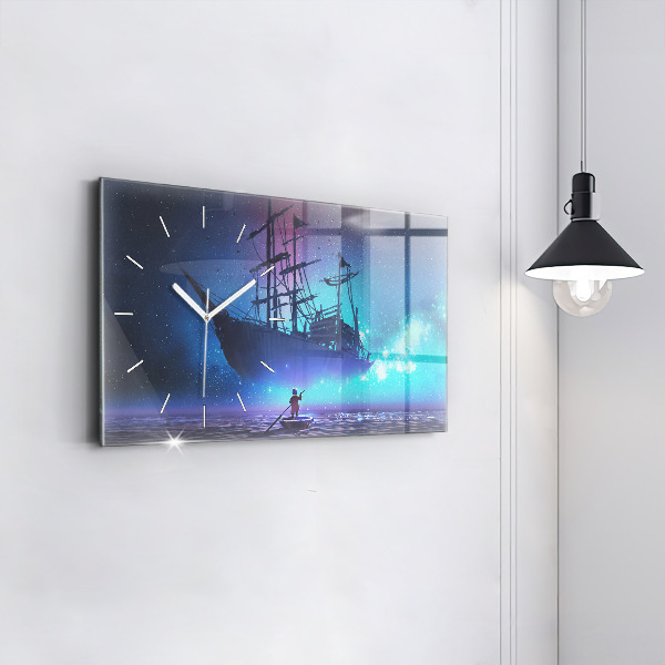 Glass wall clock rectangular Fantasy Sailing Ship