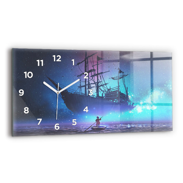 Glass wall clock rectangular Fantasy Sailing Ship