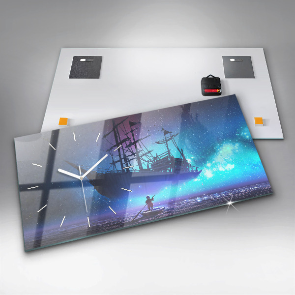 Glass wall clock rectangular Fantasy Sailing Ship