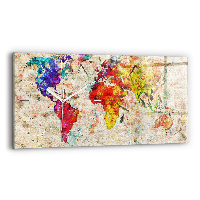 Glass wall clock rectangular Colored world map