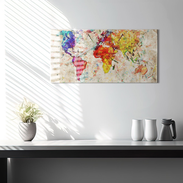Glass wall clock rectangular Colored world map