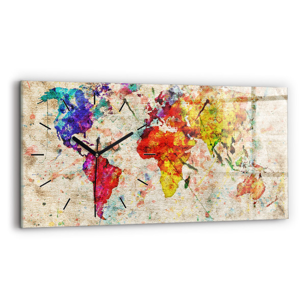 Glass wall clock rectangular Colored world map
