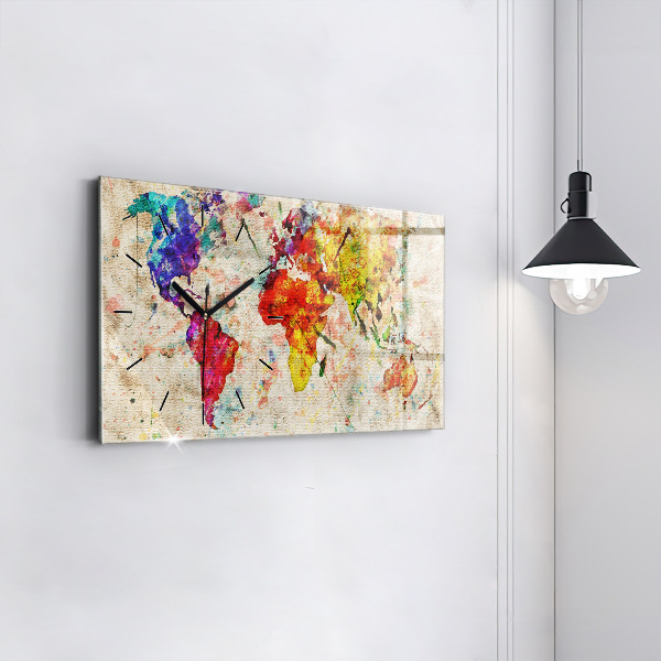 Glass wall clock rectangular Colored world map