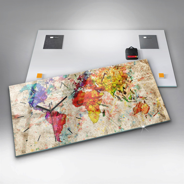 Glass wall clock rectangular Colored world map