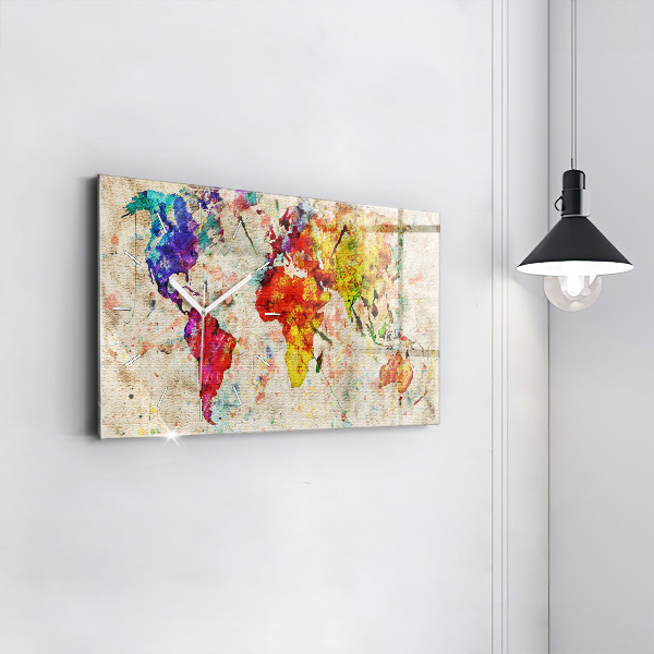 Glass wall clock rectangular Colored world map