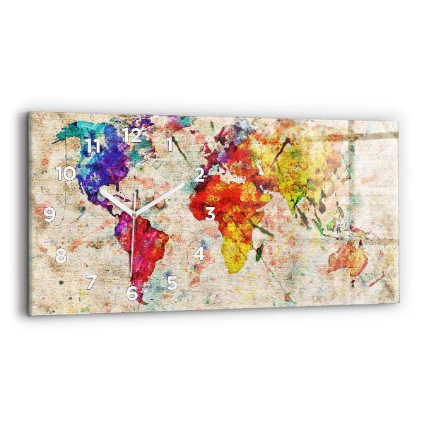 Glass wall clock rectangular Colored world map