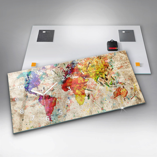 Glass wall clock rectangular Colored world map