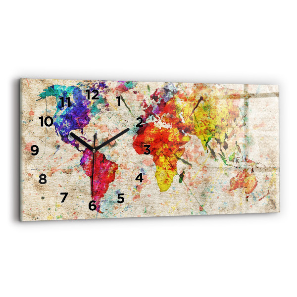 Glass wall clock rectangular Colored world map